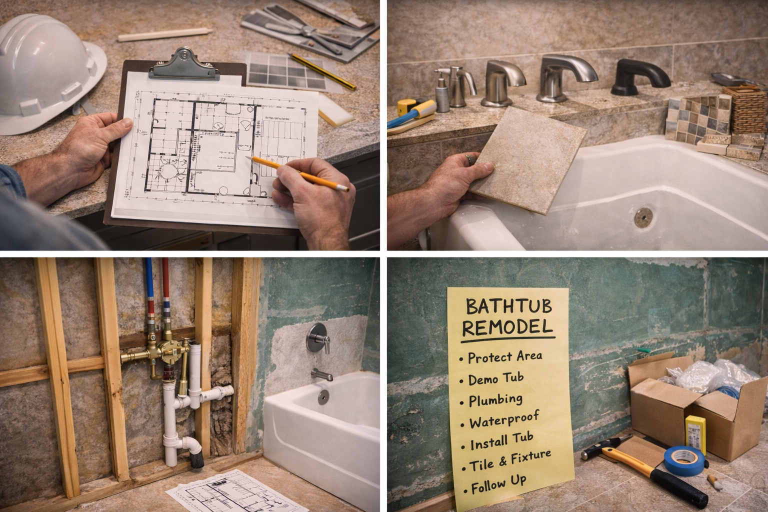 Bathtub remodel planning with tub dimensions, placement options, plumbing layout, support needs, and finish coordination