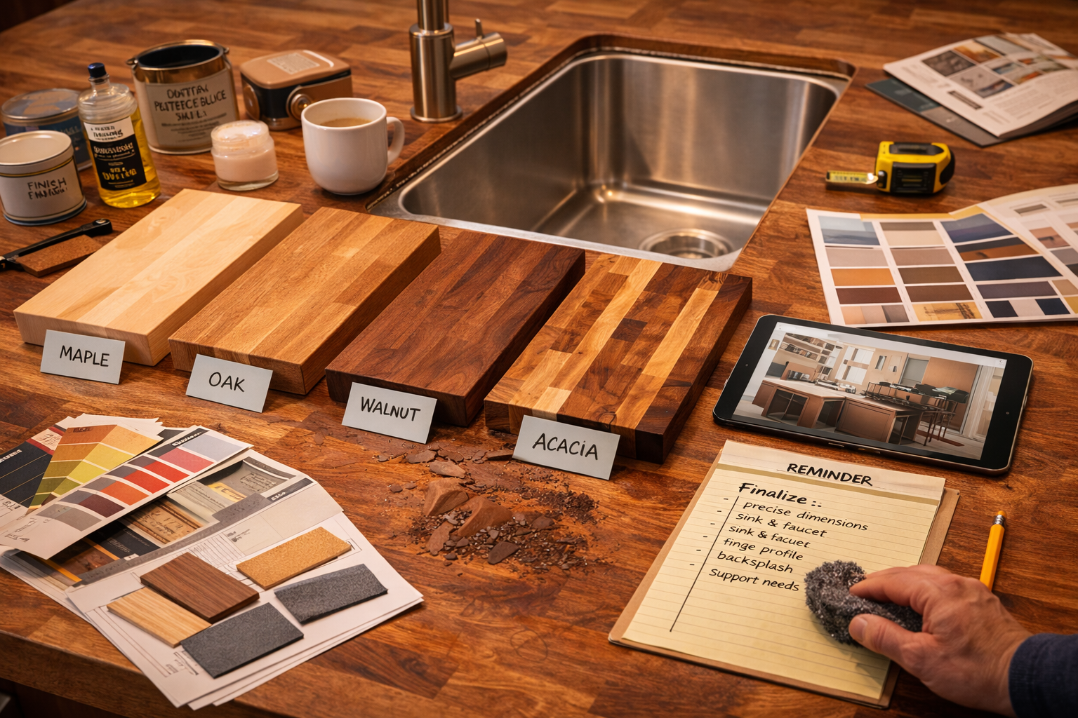 Butcher block countertop remodel planning with wood selection, finish choice, sink placement, support needs, and maintenance expectations