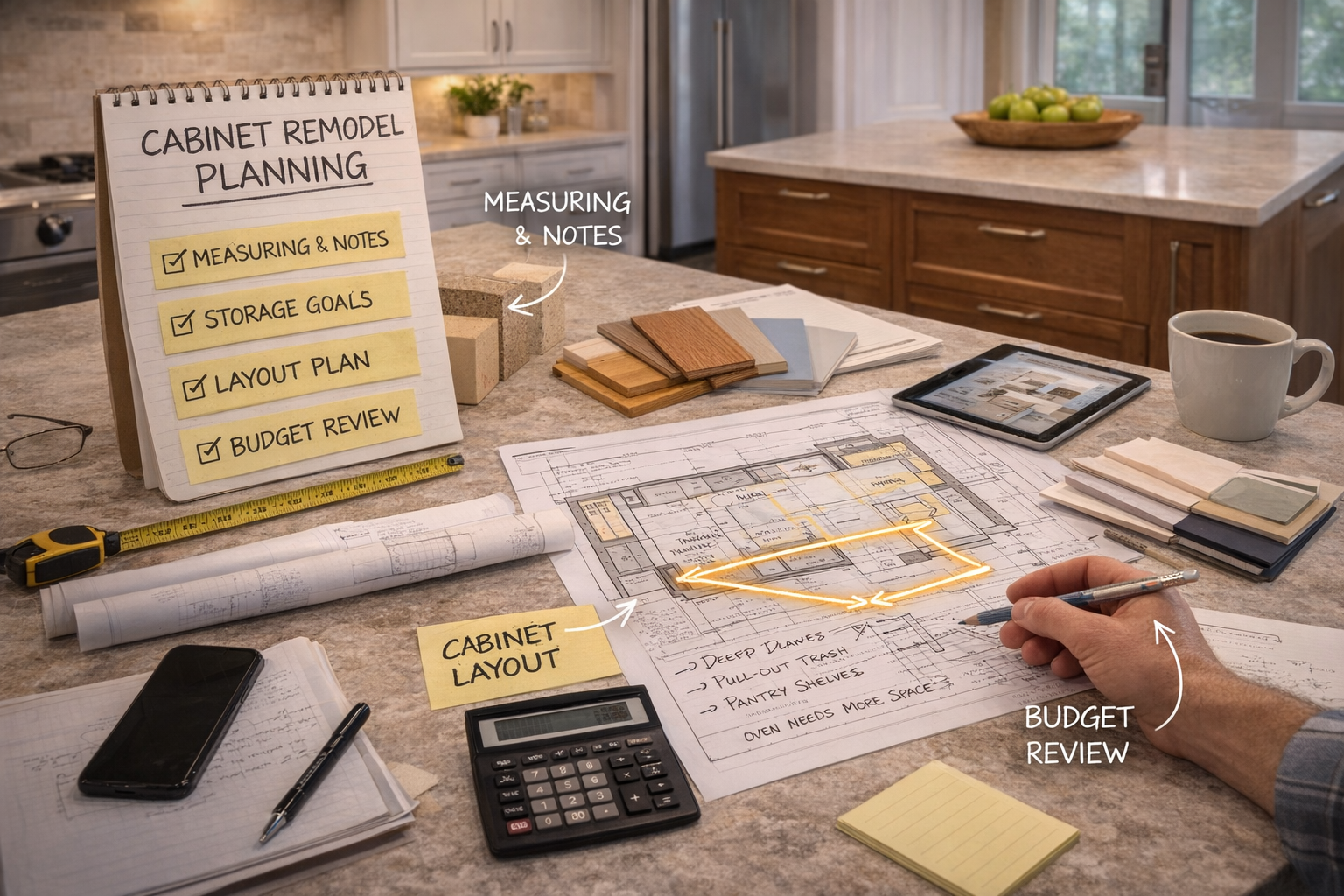 Cabinet remodel planning with layout measurements, door style choices, finish samples, storage priorities, and appliance coordination