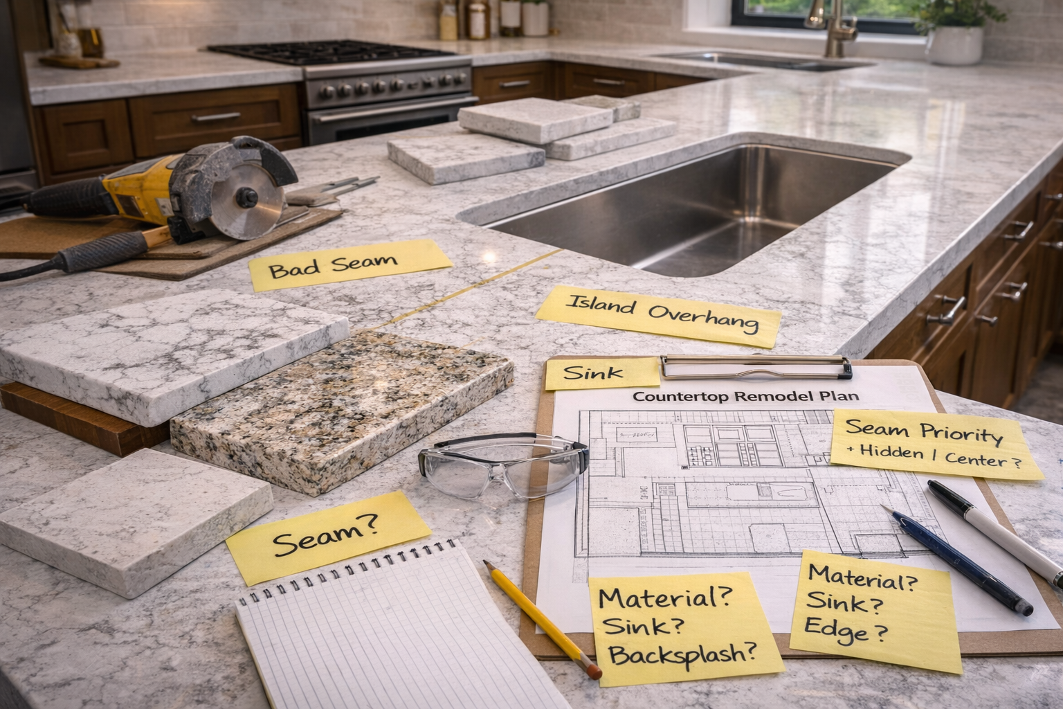Countertop remodel planning with slab selection, measurements, sink cutouts, edge profile choices, and cabinet coordination
