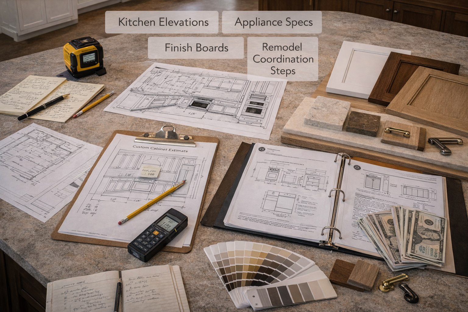 Custom cabinet remodel planning with appliance specs, cabinet elevations, finish samples, and measured kitchen dimensions