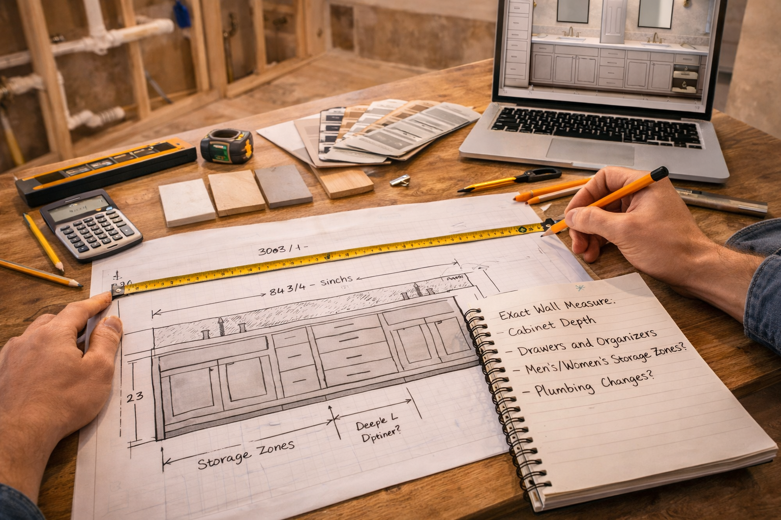 Custom vanity remodel planning with wall measurements, sink layout, storage priorities, finish samples, and lighting coordination