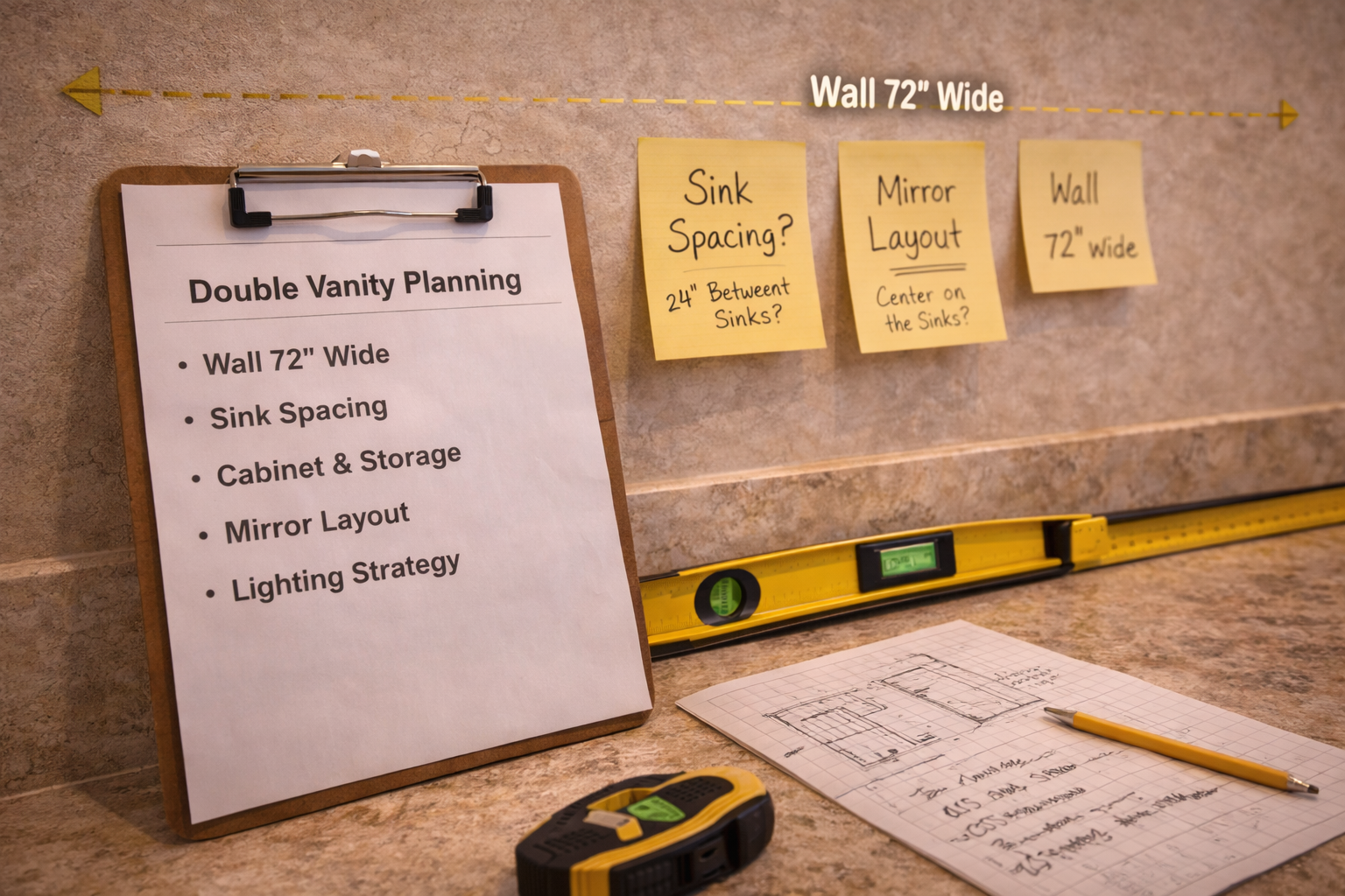 Double vanity remodel planning with wall measurements, sink positions, mirror layout, storage needs, and lighting coordination