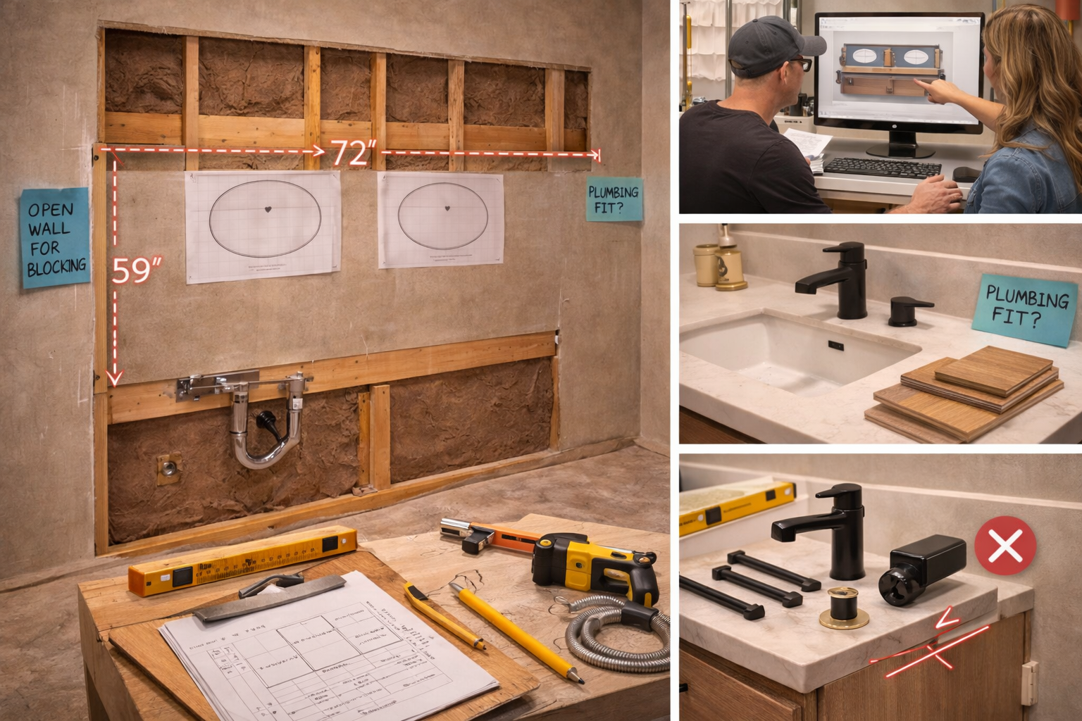 Floating vanity planning board with wall dimensions, sink placement, plumbing fit, and finish samples