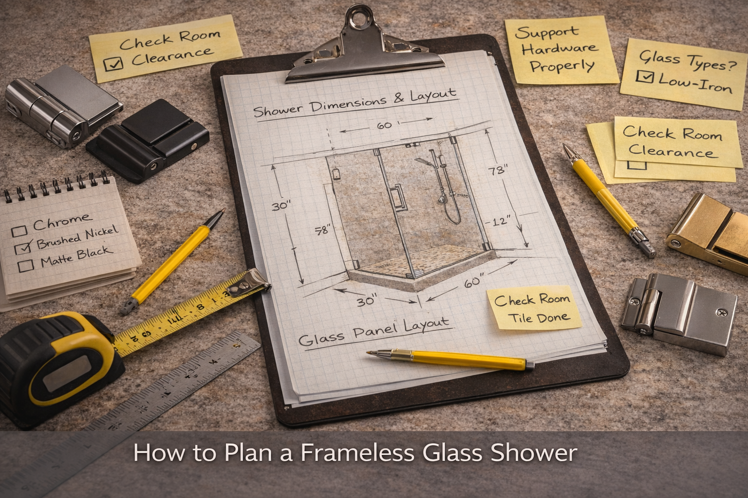 Frameless glass shower remodel planning with opening dimensions, panel layout, hardware finish choices, and wall and tile coordination