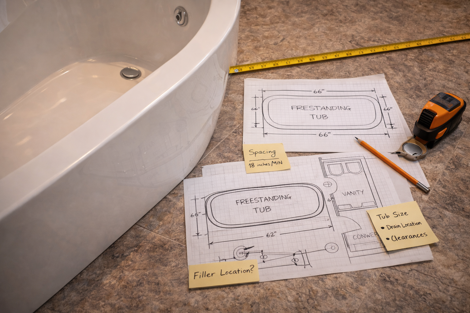 Freestanding bathtub remodel planning with tub dimensions, placement options, plumbing layout, floor support needs, and finish coordination