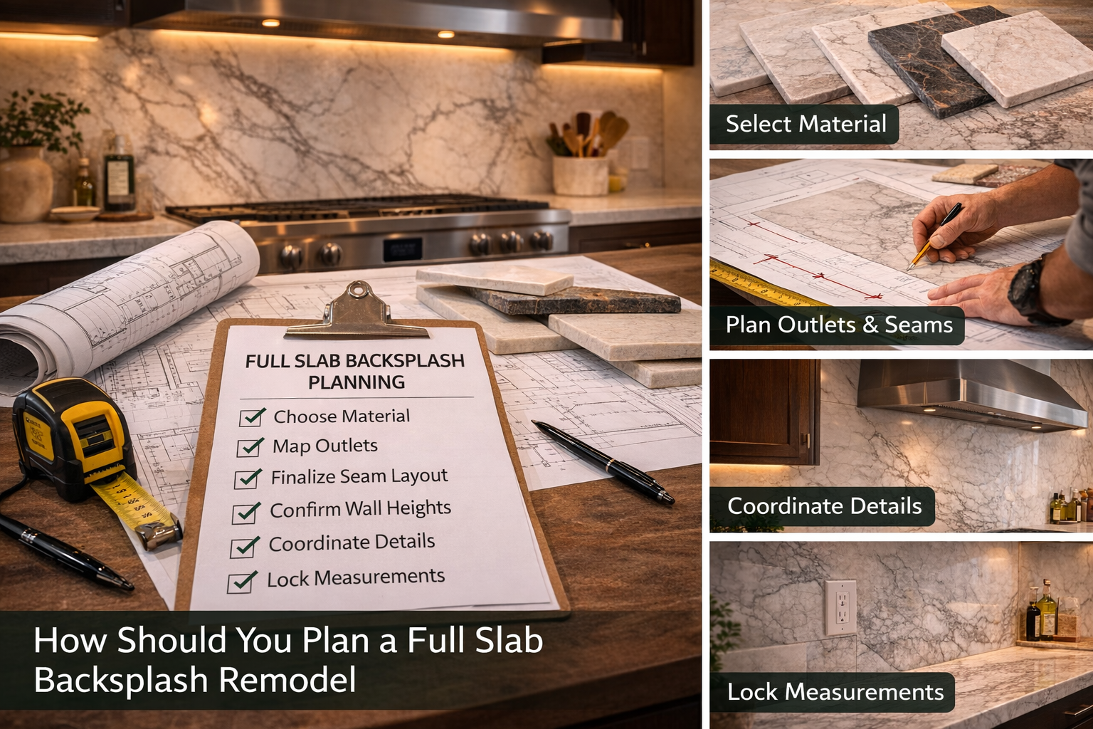 Full slab backsplash planning with slab selection, wall measurements, seam strategy, outlet locations, and cabinet coordination