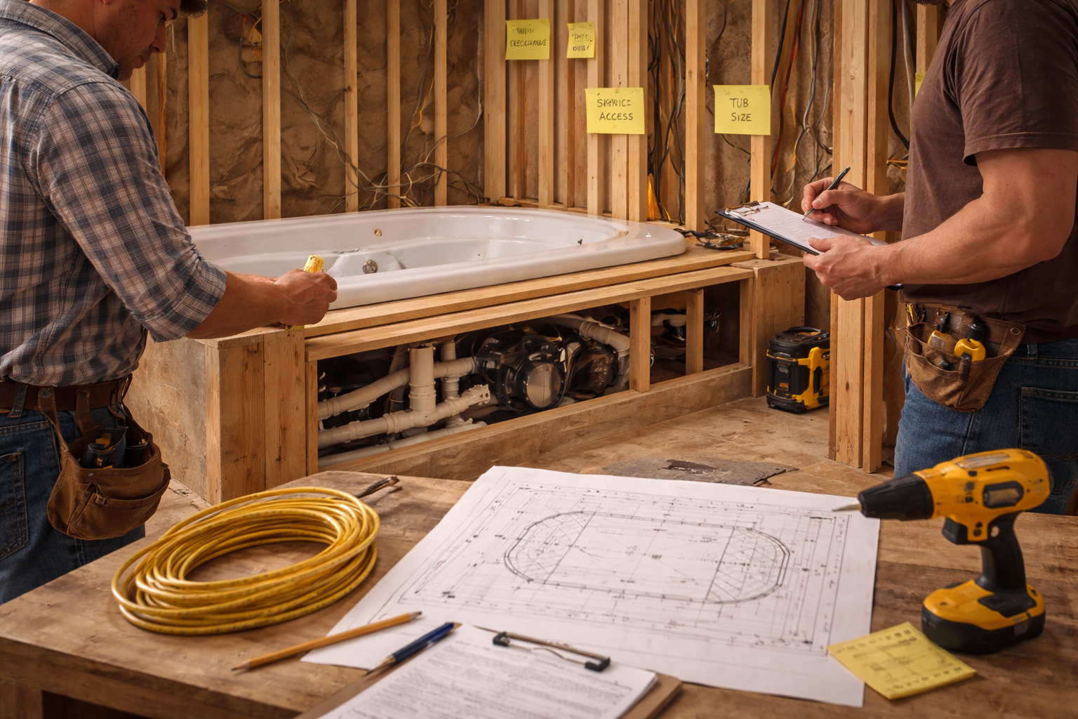 Jetted bathtub remodel planning with tub dimensions, jet system choices, electrical layout, service access, and finish coordination