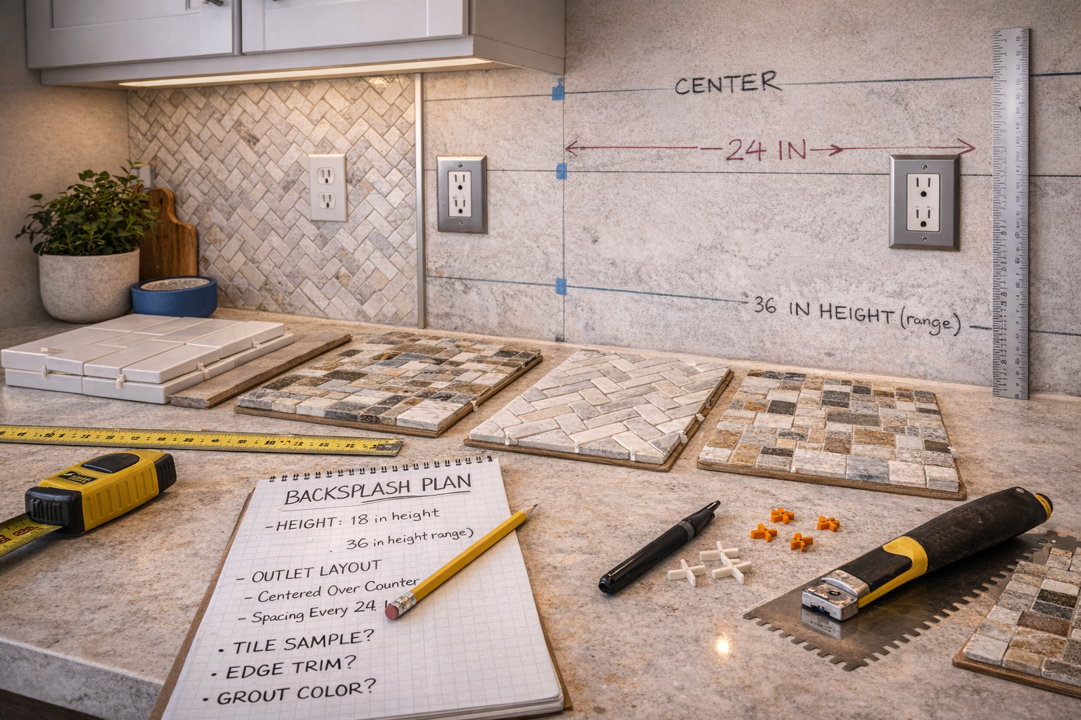 Kitchen backsplash planning with wall measurements, tile or slab samples, grout colors, outlet locations, and cabinet coordination