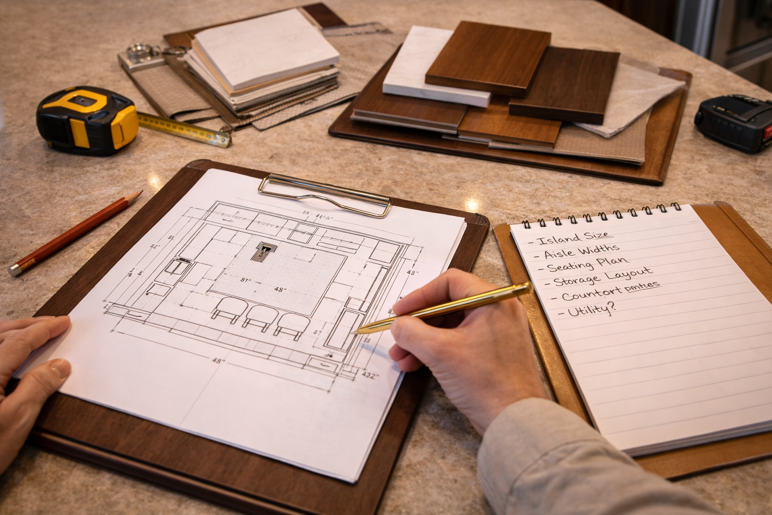 Kitchen island planning placeholder image with aisle measurements seating layout and storage design notes context