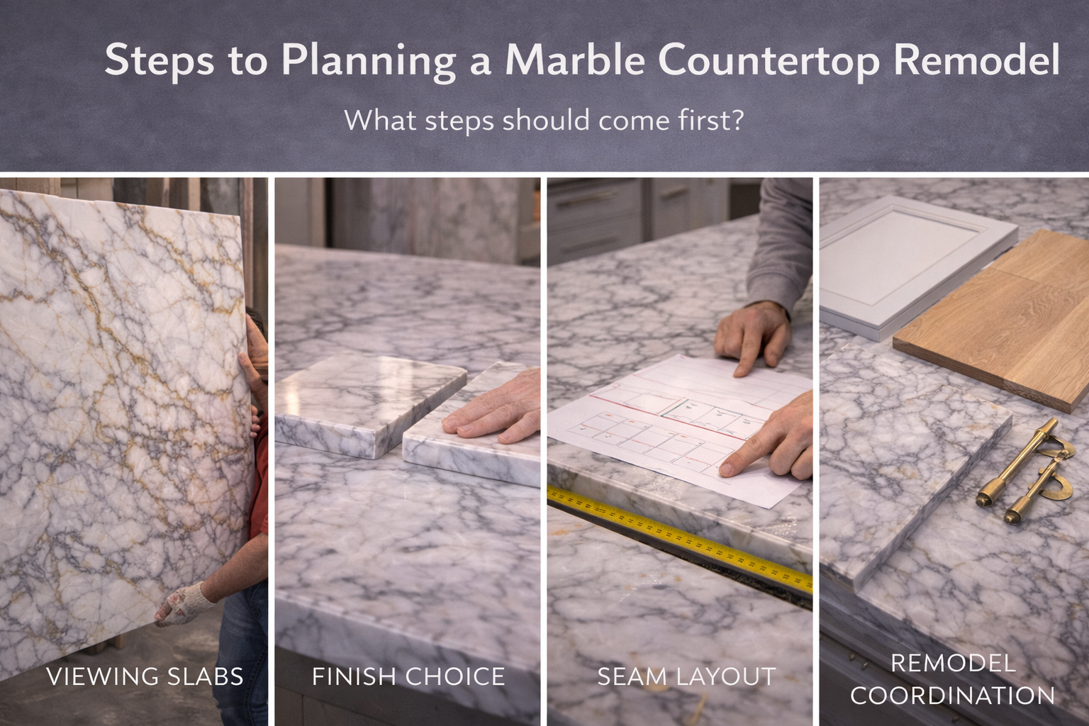 Marble countertop remodel planning with slab selection, seam strategy, sink cutouts, edge profile choices, and cabinet measurements