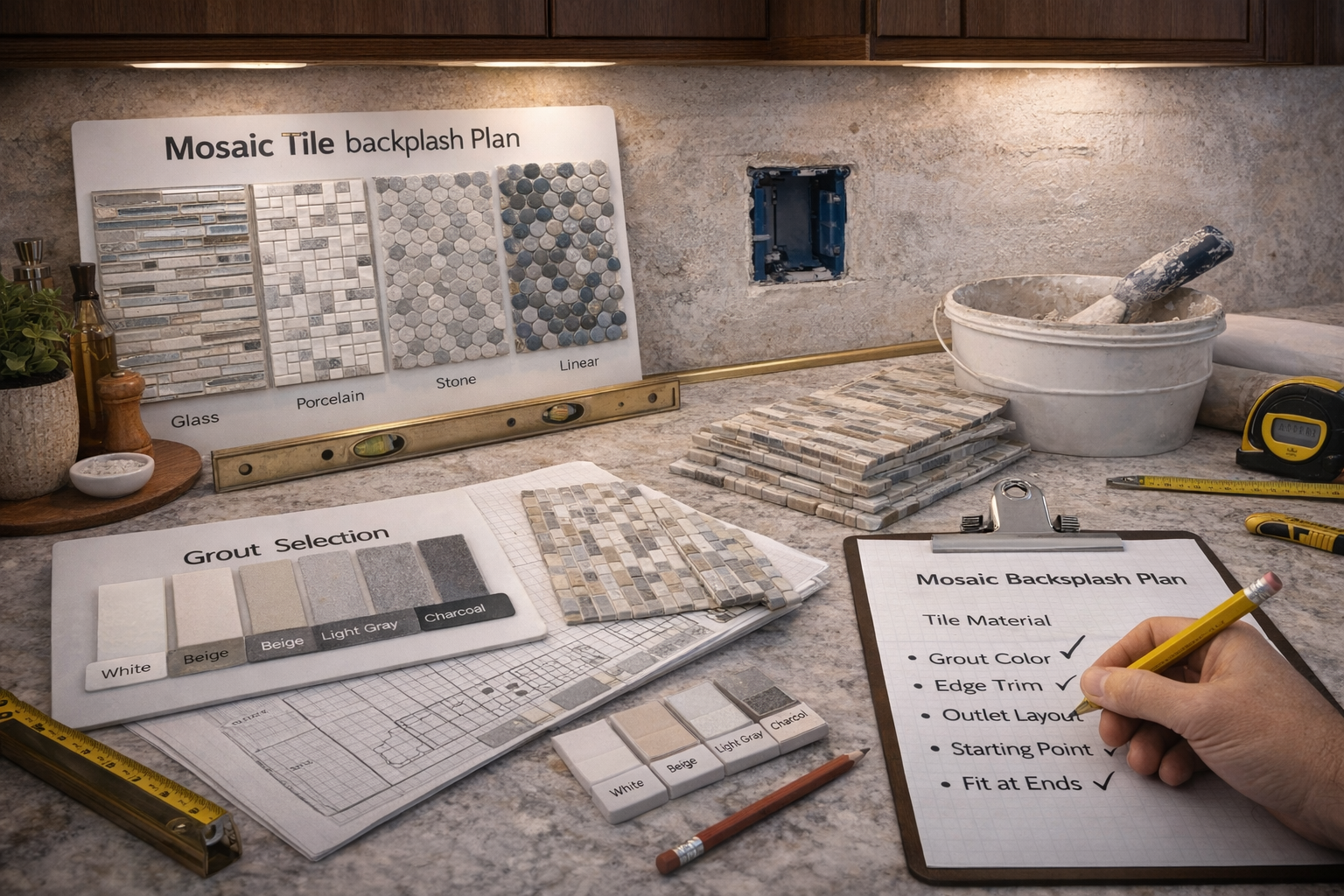 Mosaic tile backsplash planning with tile samples, wall measurements, grout colors, outlet placement, and cabinet coordination