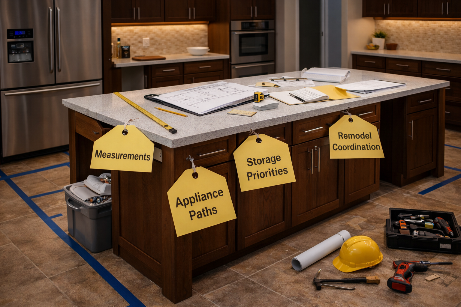 Planning a prep island with kitchen measurements and appliance paths