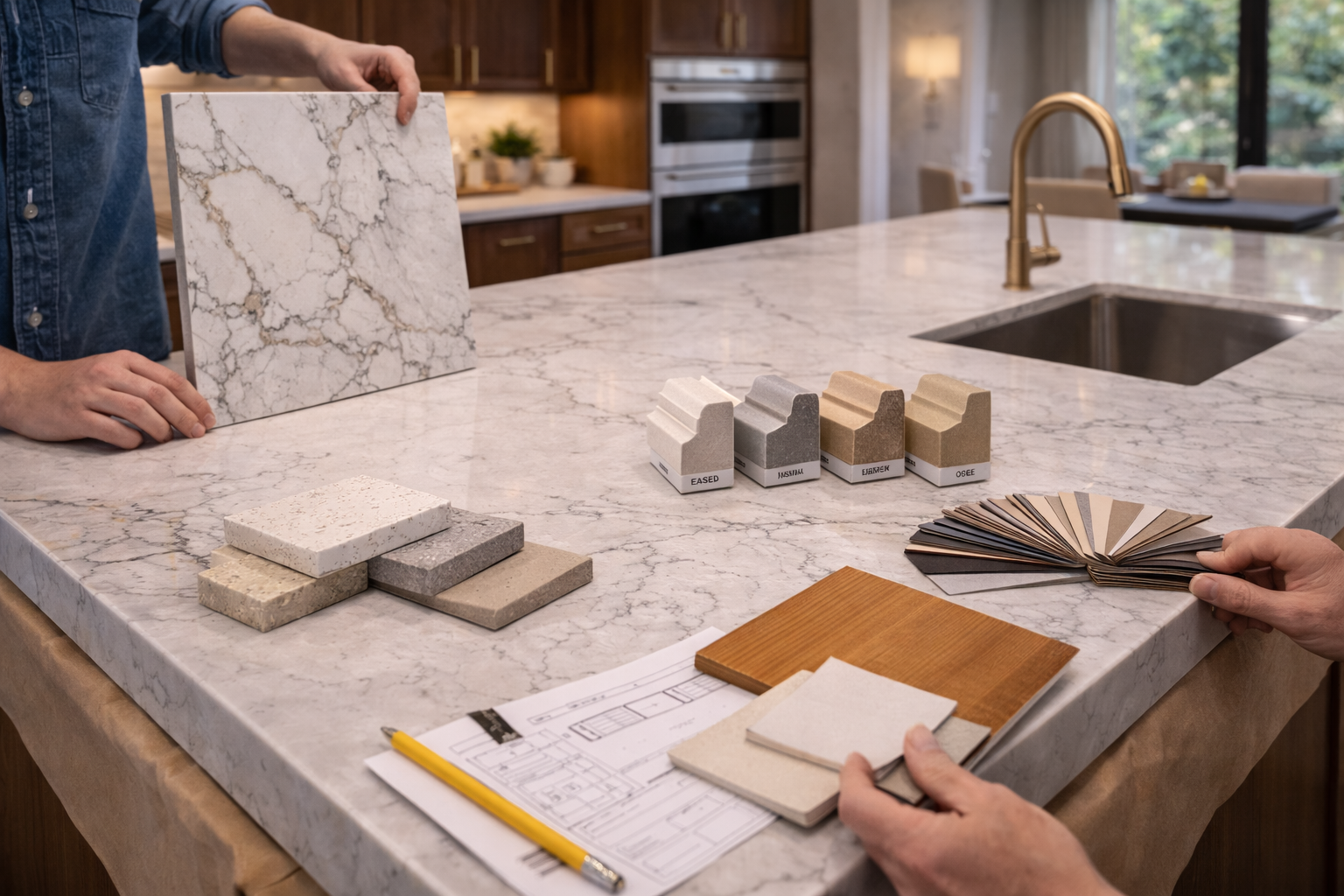 Quartz countertop remodel planning with slab layout, seam locations, sink cutouts, edge profile choices, and cabinet measurements