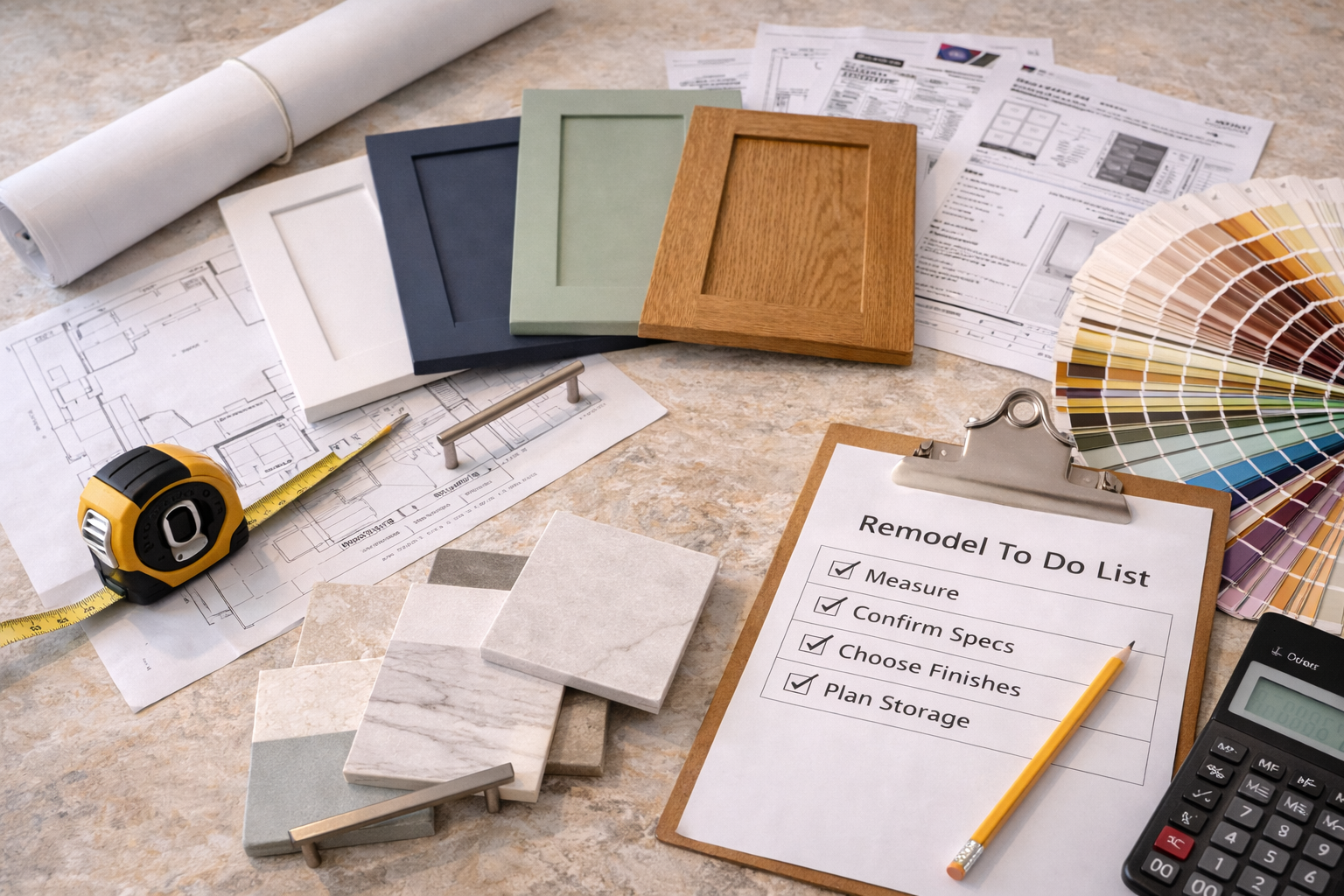 Shaker cabinet remodel planning with door style decisions, finish samples, layout measurements, storage priorities, and hardware selection