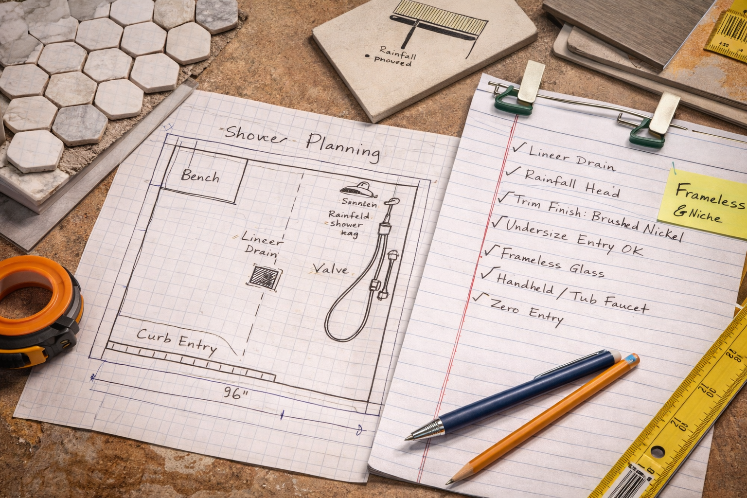 Shower remodel planning with shower dimensions, fixture selection, drain location, wall finishes, and waterproofing strategy