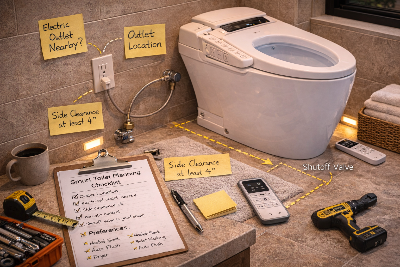 Smart toilet planning with outlet placement, water supply location, feature priorities, and bathroom clearance measurements