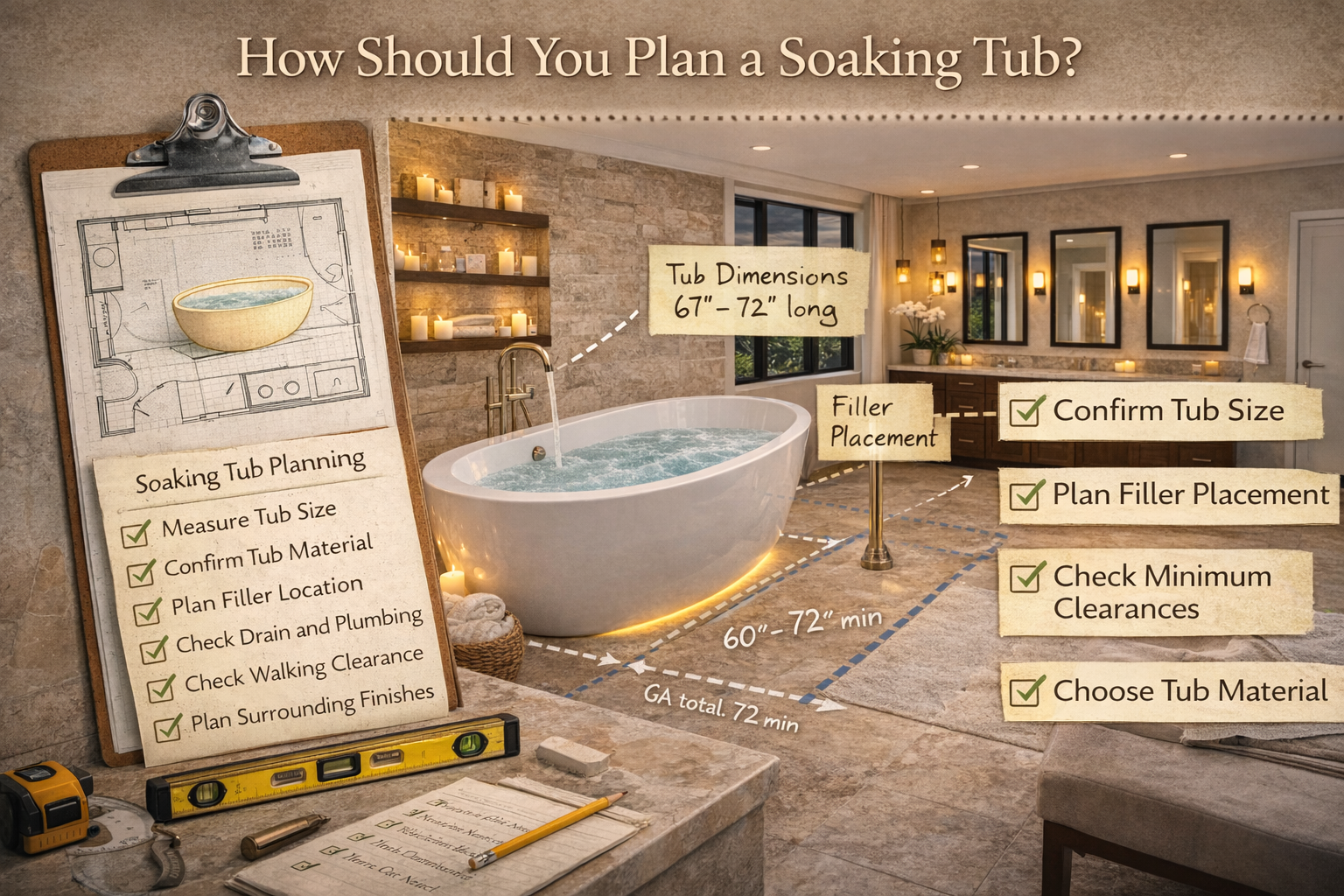 Soaking tub remodel planning with tub dimensions, placement options, plumbing layout, floor support needs, and finish coordination