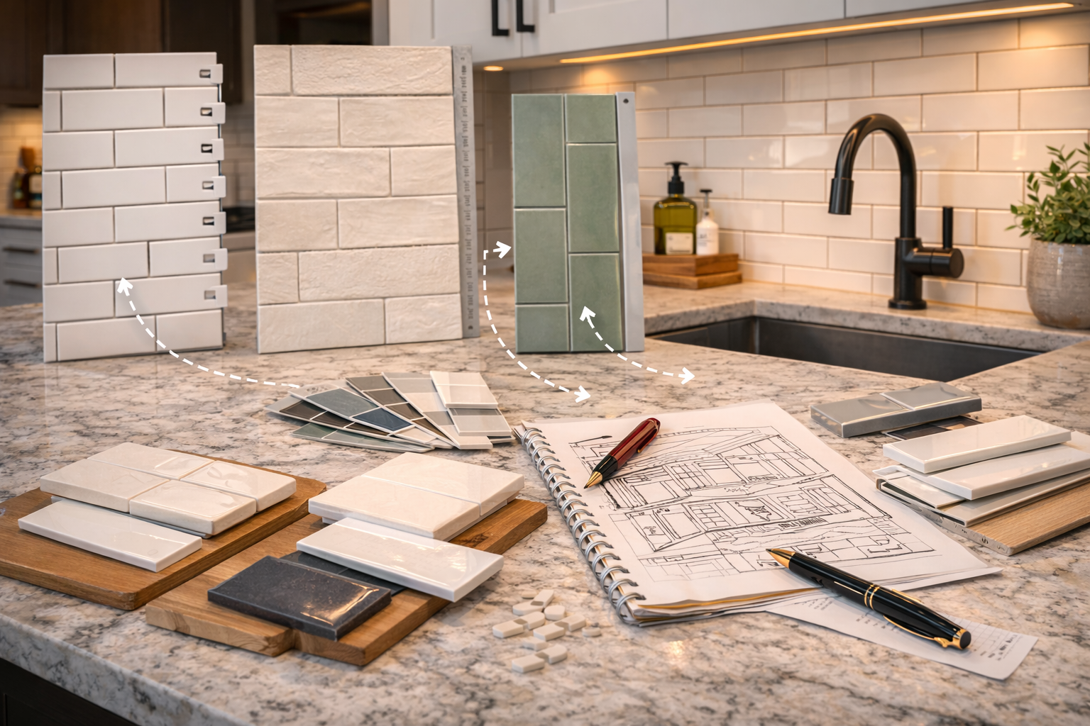 Planning a subway tile backsplash with tile samples, grout colors, and outlet placement