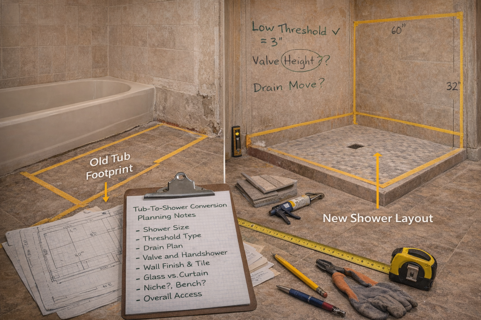 Tub-to-shower conversion planning board with measured shower footprint, tile layout, fixture placement, and finish coordination