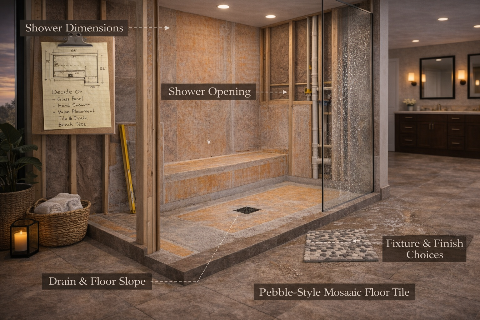 Walk-in shower planning with shower dimensions, opening layout, and finish selection notes