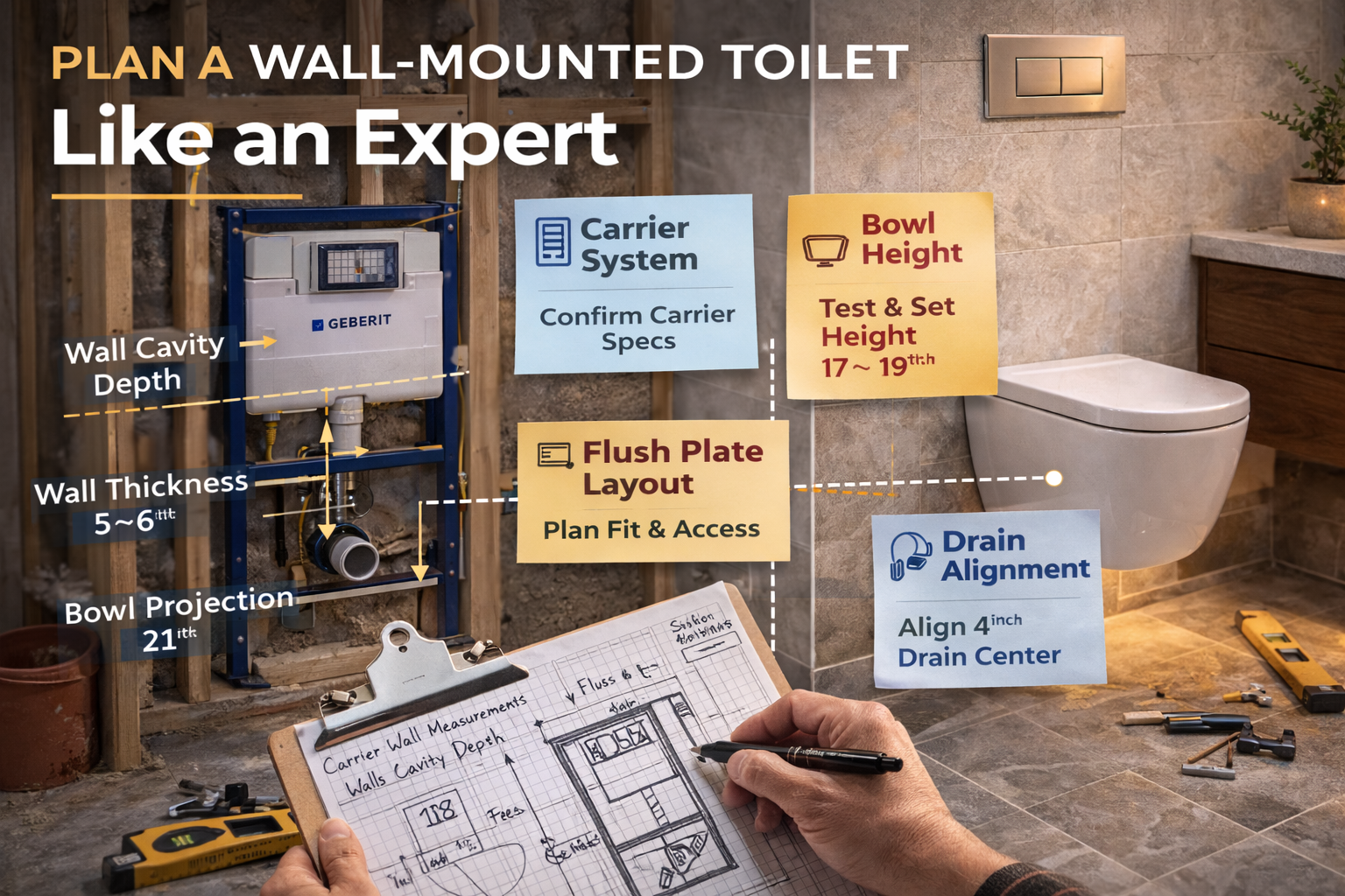 Wall-mounted toilet planning with framing depth, carrier location, bowl height, wall finish, and service access coordination
