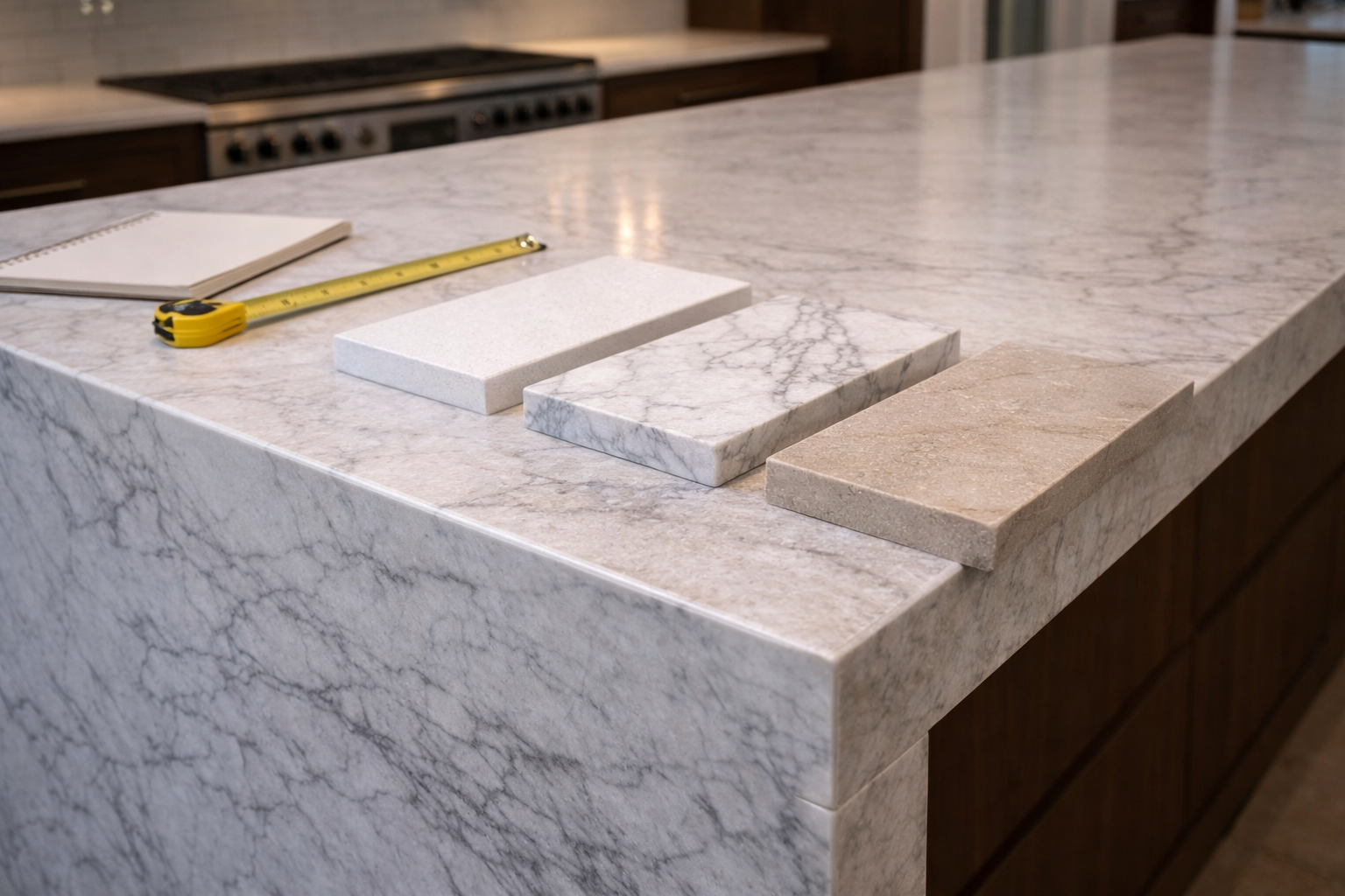 Waterfall island planning image with slab selection island dimensions seam layout and remodel coordination steps