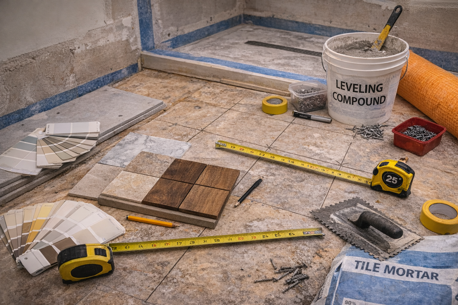Bathroom flooring remodel planning with room measurements, material samples, layout direction, waterproofing needs, and durability priorities
