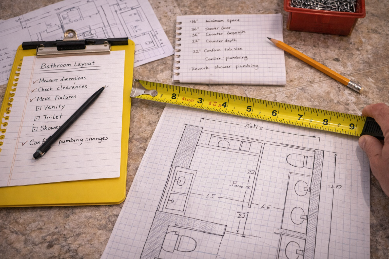 Bathroom layout change remodel planning with fixture priorities, room measurements, plumbing limits, clearance needs, and finish coordination