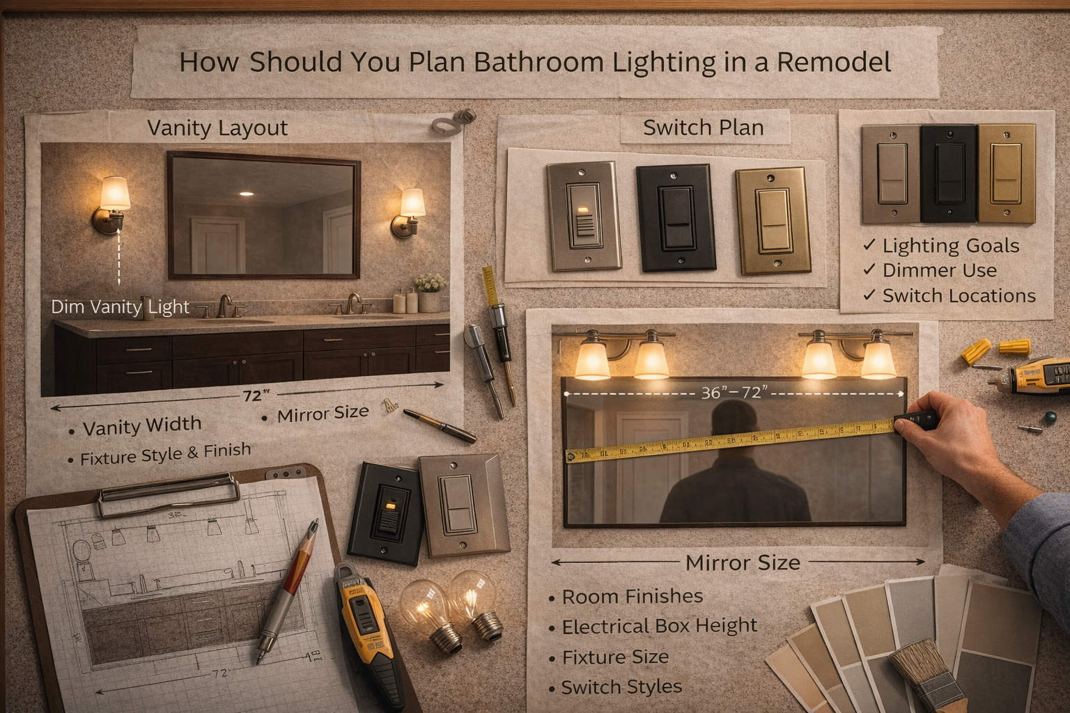 Bathroom lighting remodel planning with fixture choices, vanity dimensions, control layout, dimming needs, and moisture-safe placement