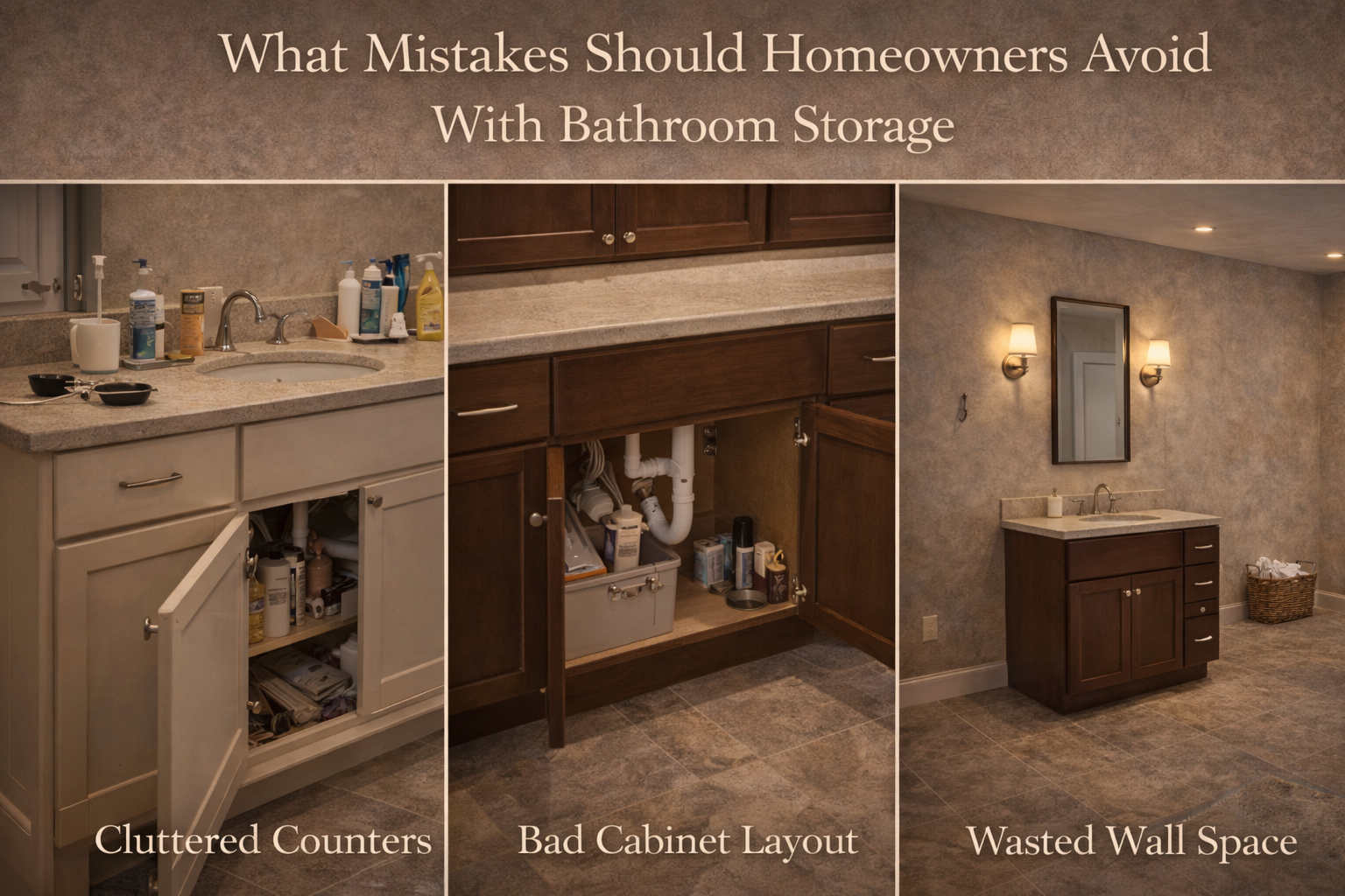 Bathroom storage remodel planning with item counts, cabinet sizes, wall measurements, organizer choices, and daily-use priorities