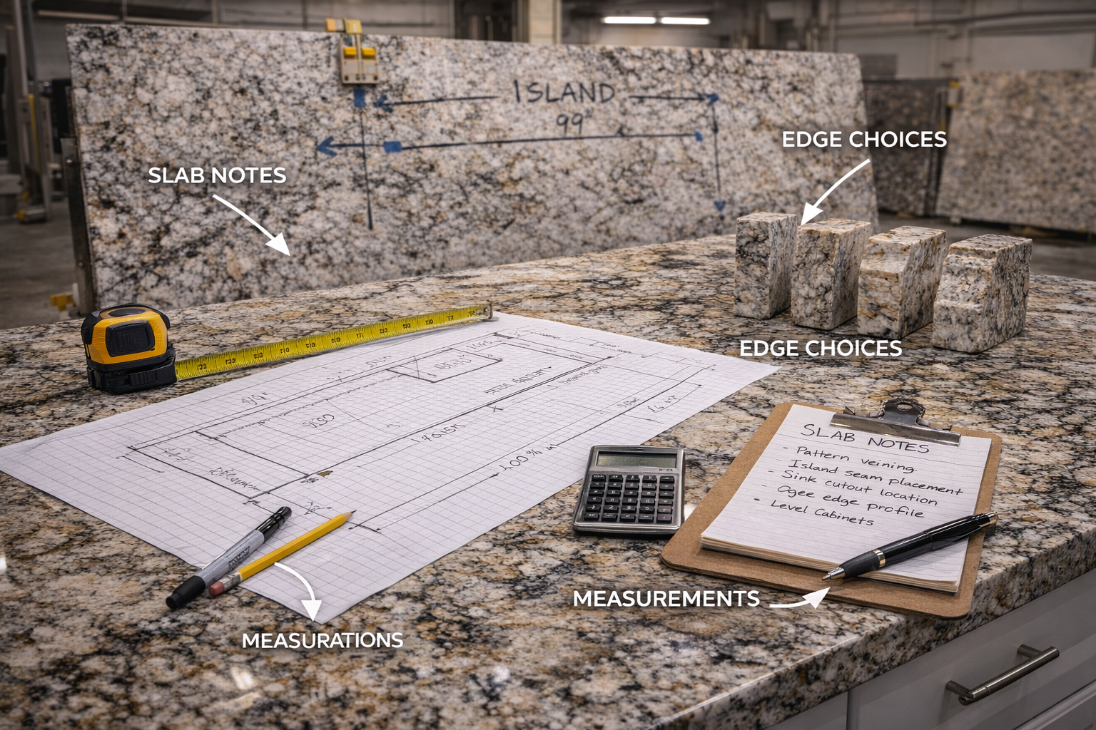 Granite countertop remodel planning with slab selection, seam strategy, cutout locations, edge profile choices, and cabinet measurements