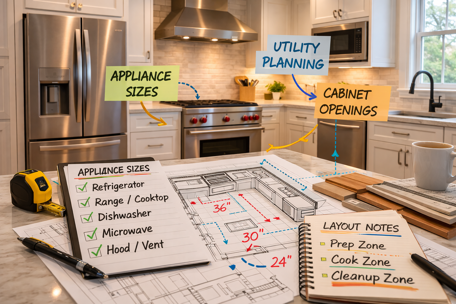 Kitchen appliance remodel planning with appliance specs, cabinet openings, utility locations, and cooking workflow priorities