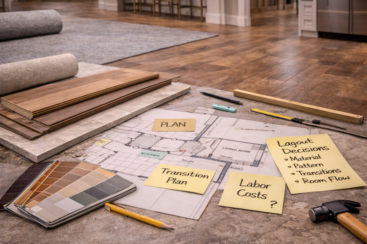 Kitchen flooring planning with room measurements, material samples, layout direction, transition points, and durability priorities