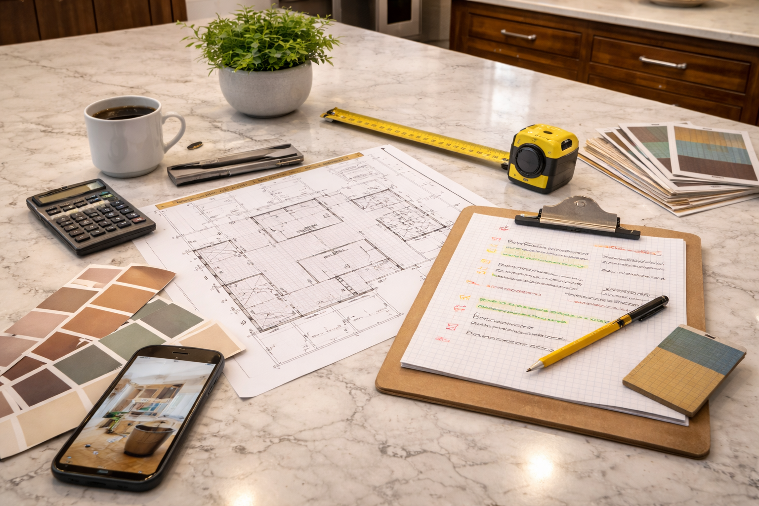 Planning kitchen layout changes with room measurements and appliance notes