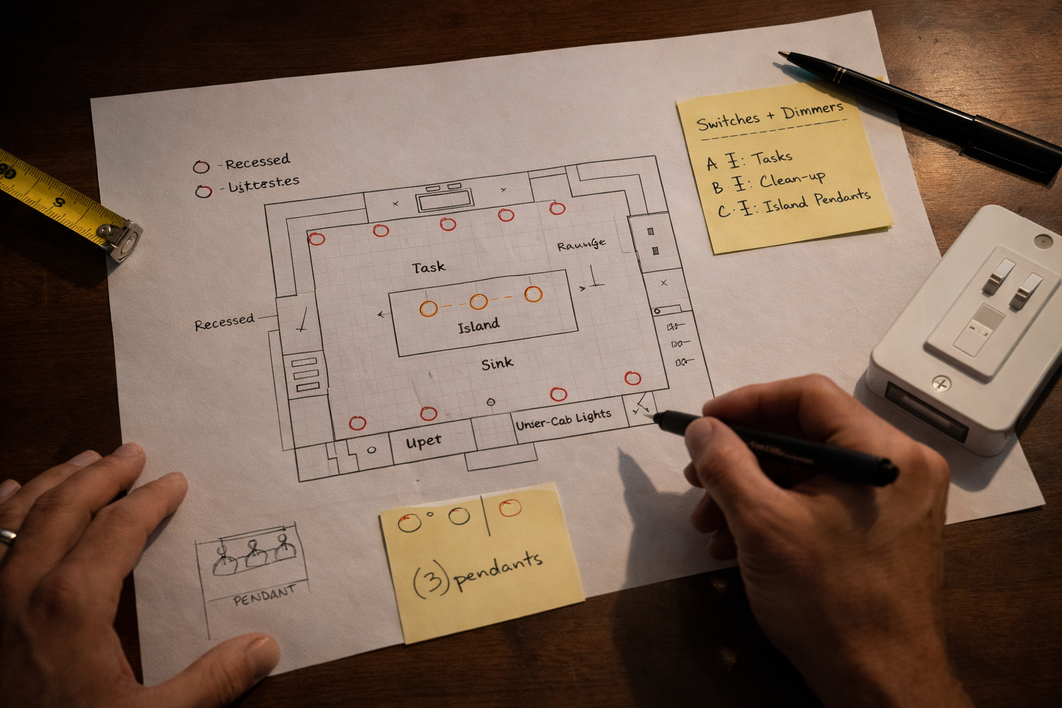 Planning kitchen lighting with fixture map, switch notes, and task zones