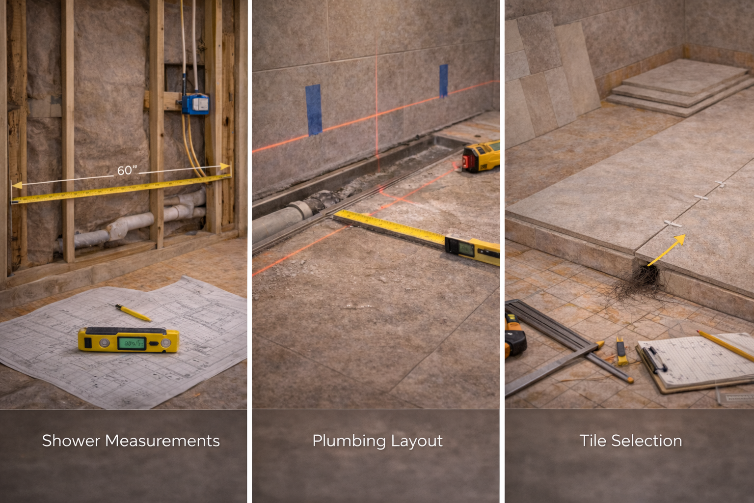 Linear drain remodel planning with drain position, floor slope, waterproofing method, tile layout, and shower entry design