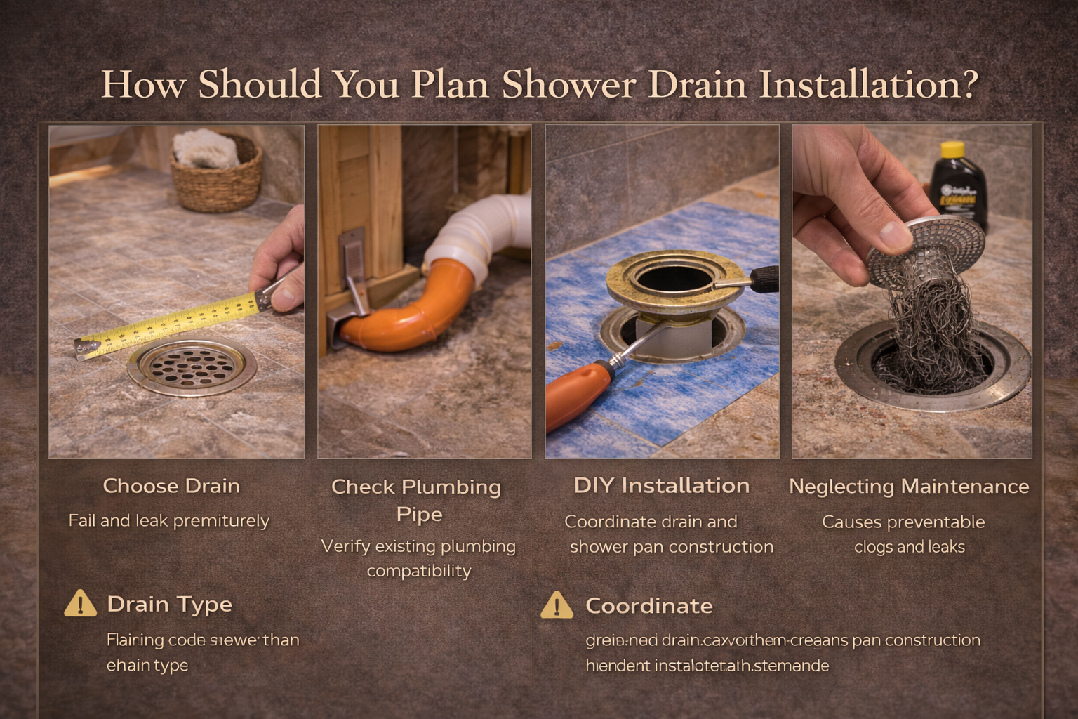 Shower drain remodel planning with drain location, floor slope, waterproofing method, tile layout, and shower entry design