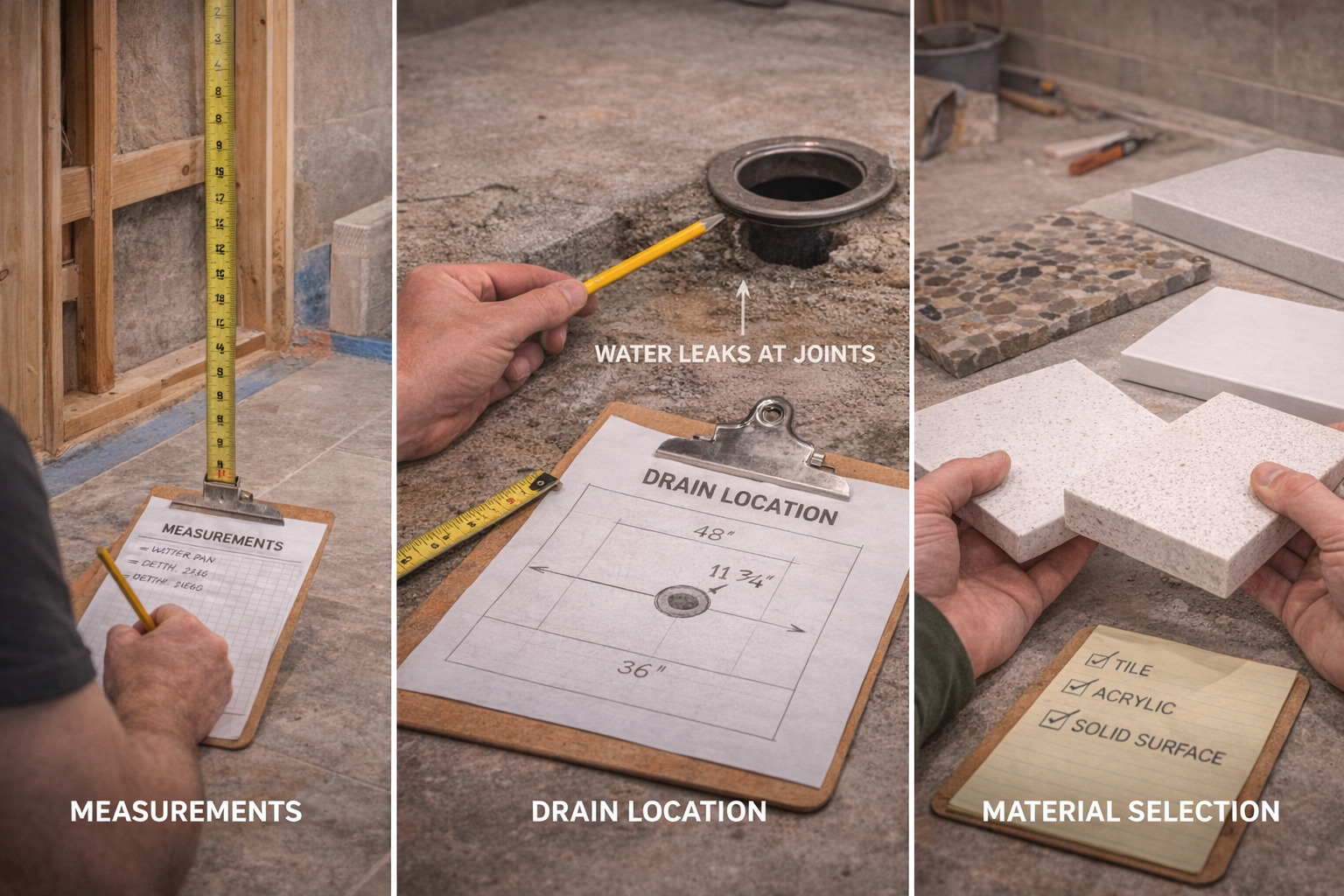 Shower pan remodel planning with shower dimensions, drain location, curb style, waterproofing strategy, and tile coordination