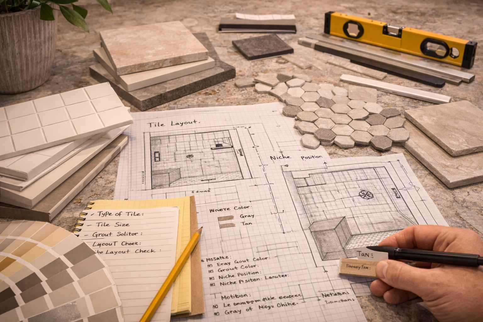 Shower tile remodel planning with wall measurements, tile samples, grout colors, niche placement, and waterproofing strategy