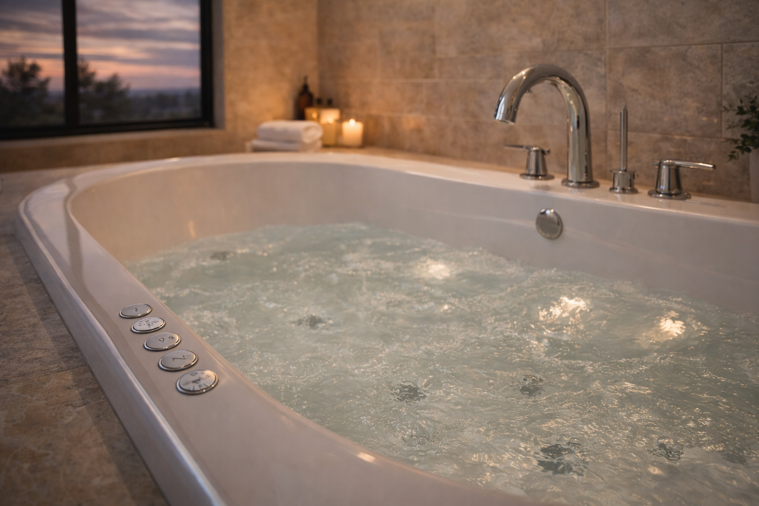 Bathroom with a jetted bathtub, built-in deck surround, relaxing bathing area, and coordinated wall and floor finishes