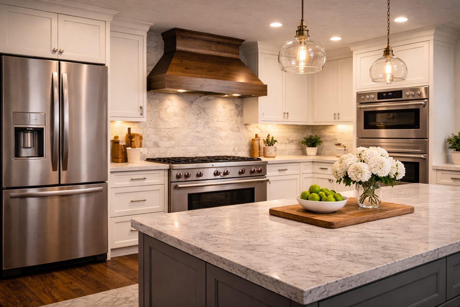 Modern kitchen with refrigerator, range, wall oven, dishwasher, and built-in appliances arranged in a coordinated layout