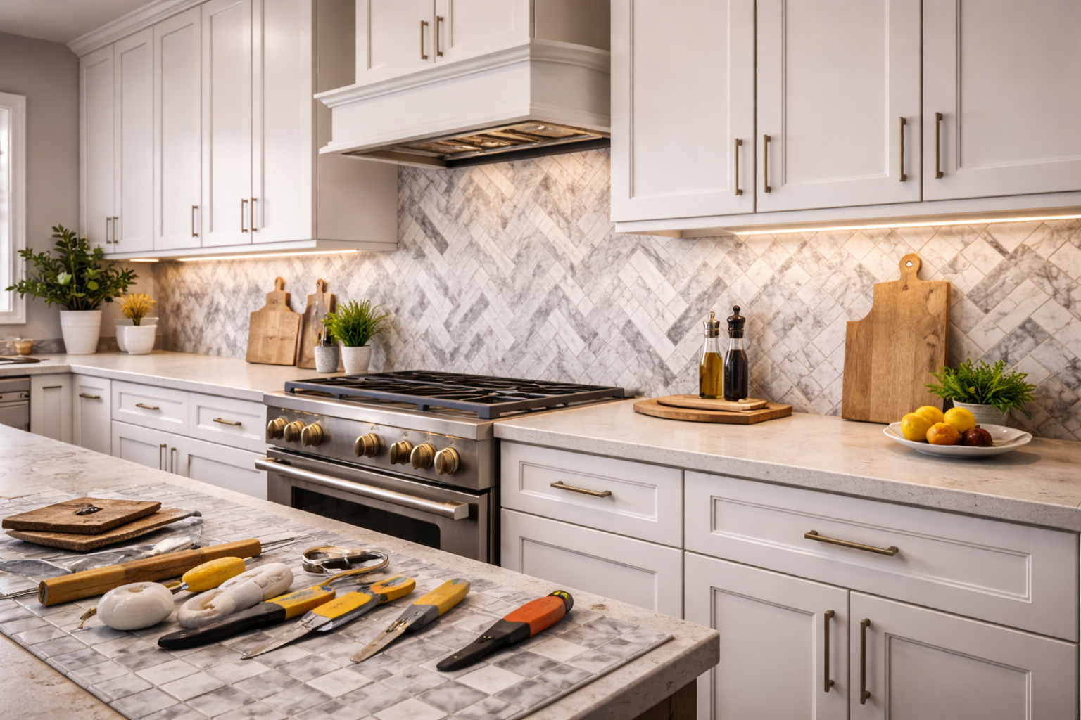 Kitchen backsplash remodel with updated wall finish, coordinated countertop transition, and a clean focal area behind the range