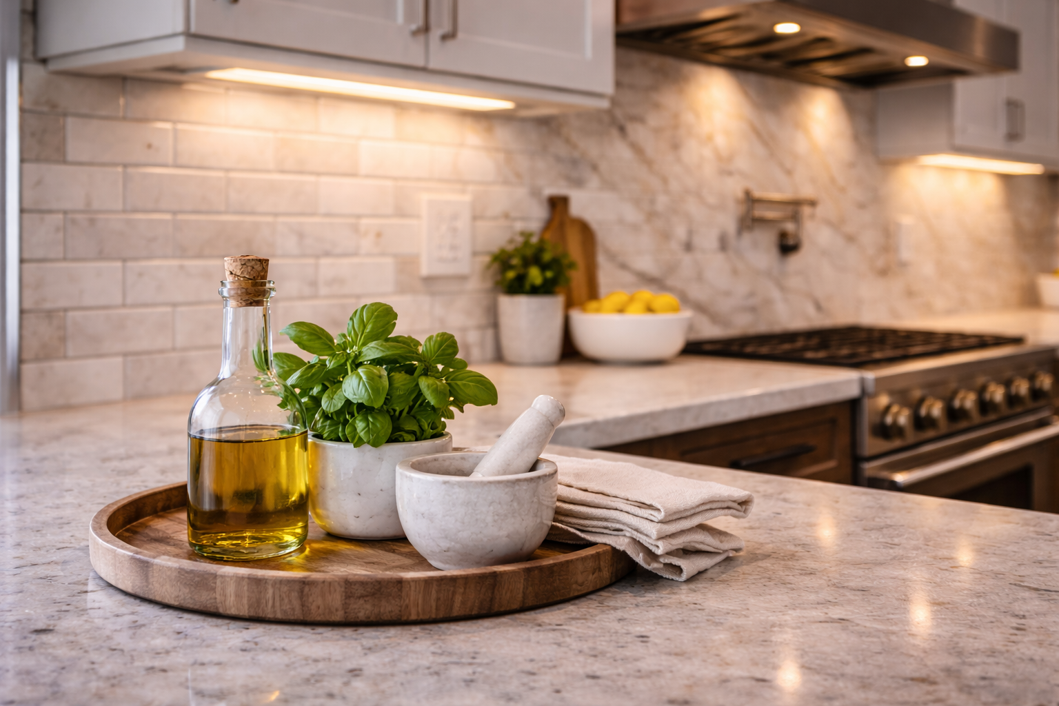 Kitchen backsplash planning graphic with tile and slab options, grout choices, edge details, and wall coverage notes