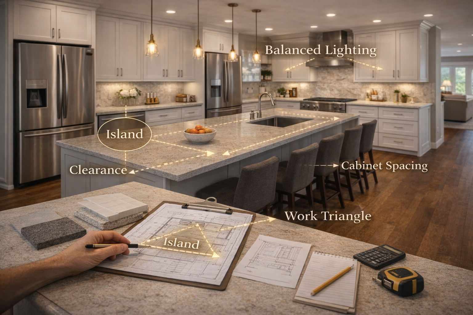 Kitchen layout plan showing work zones, island spacing, appliance locations, storage walls, and circulation paths