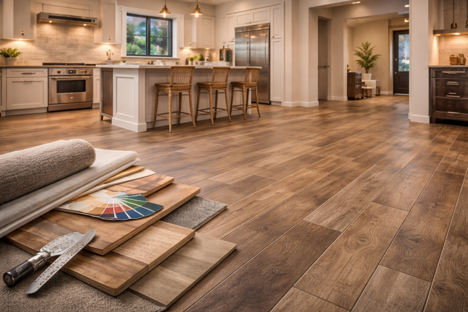 Kitchen flooring remodel with updated surface, coordinated cabinetry, appliance layout, and a durable finish under heavy use areas