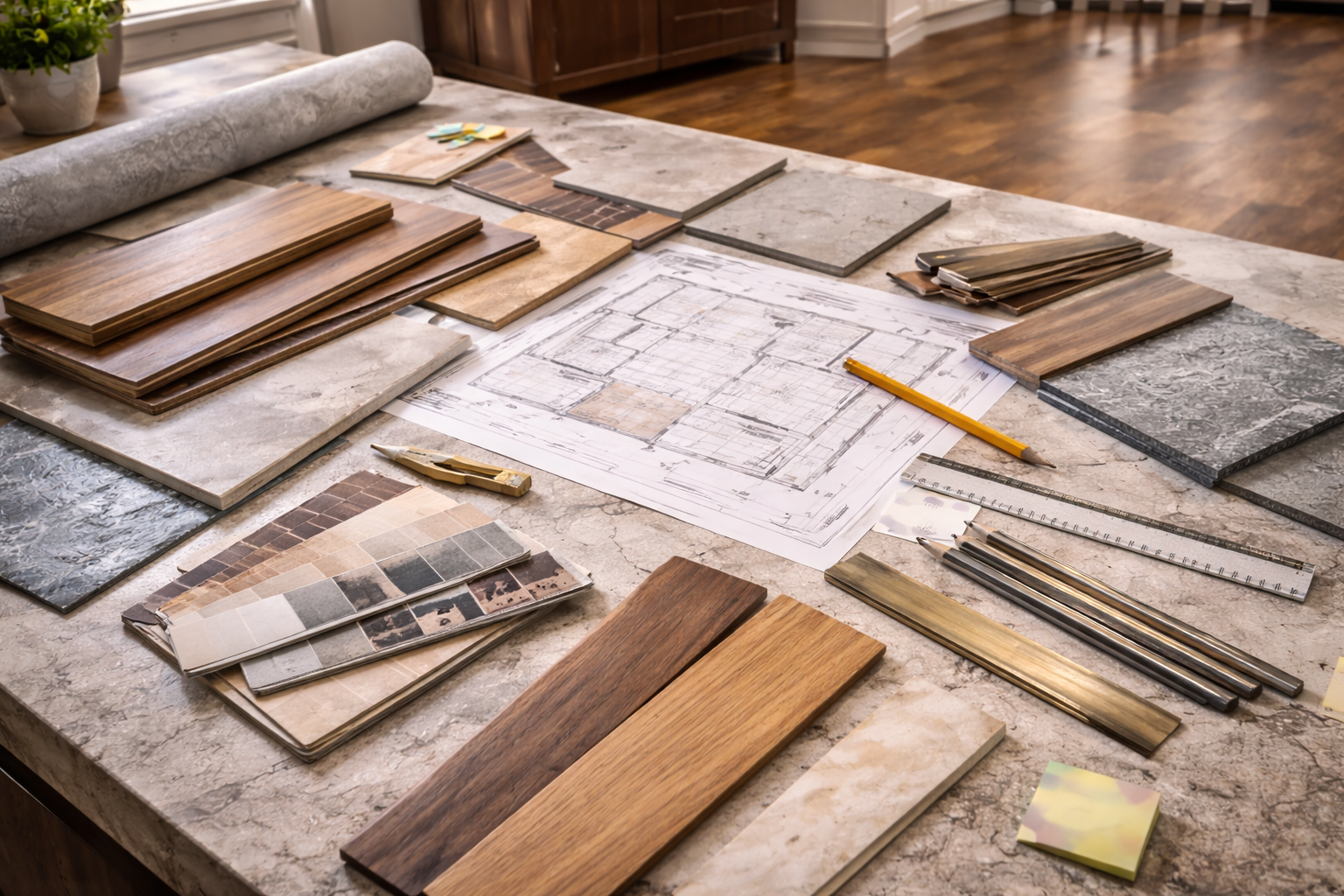 Kitchen flooring planning graphic with material comparisons, plank and tile options, layout direction, and durability notes