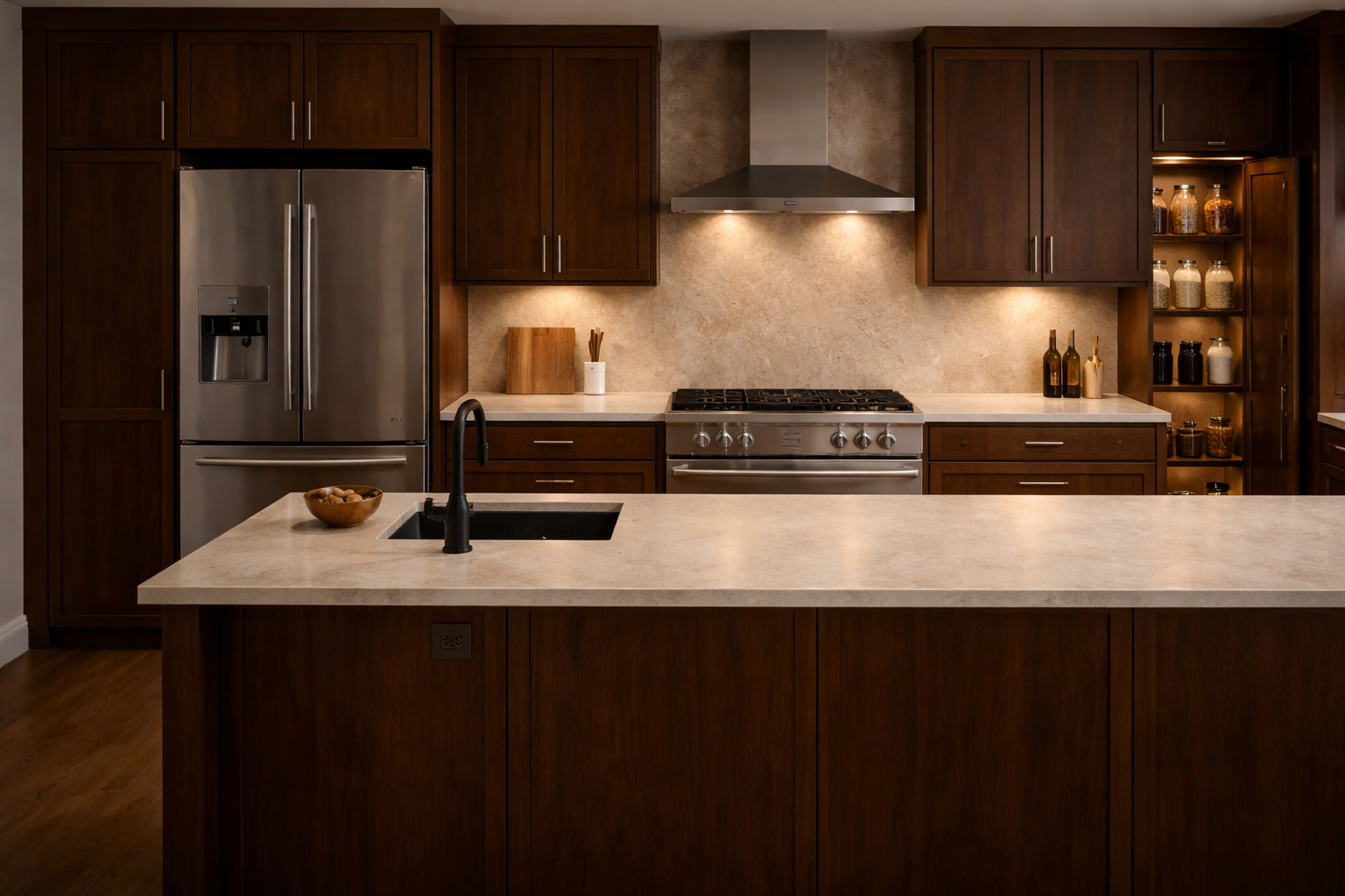 Kitchen remodel with moved island, cabinets, and appliances