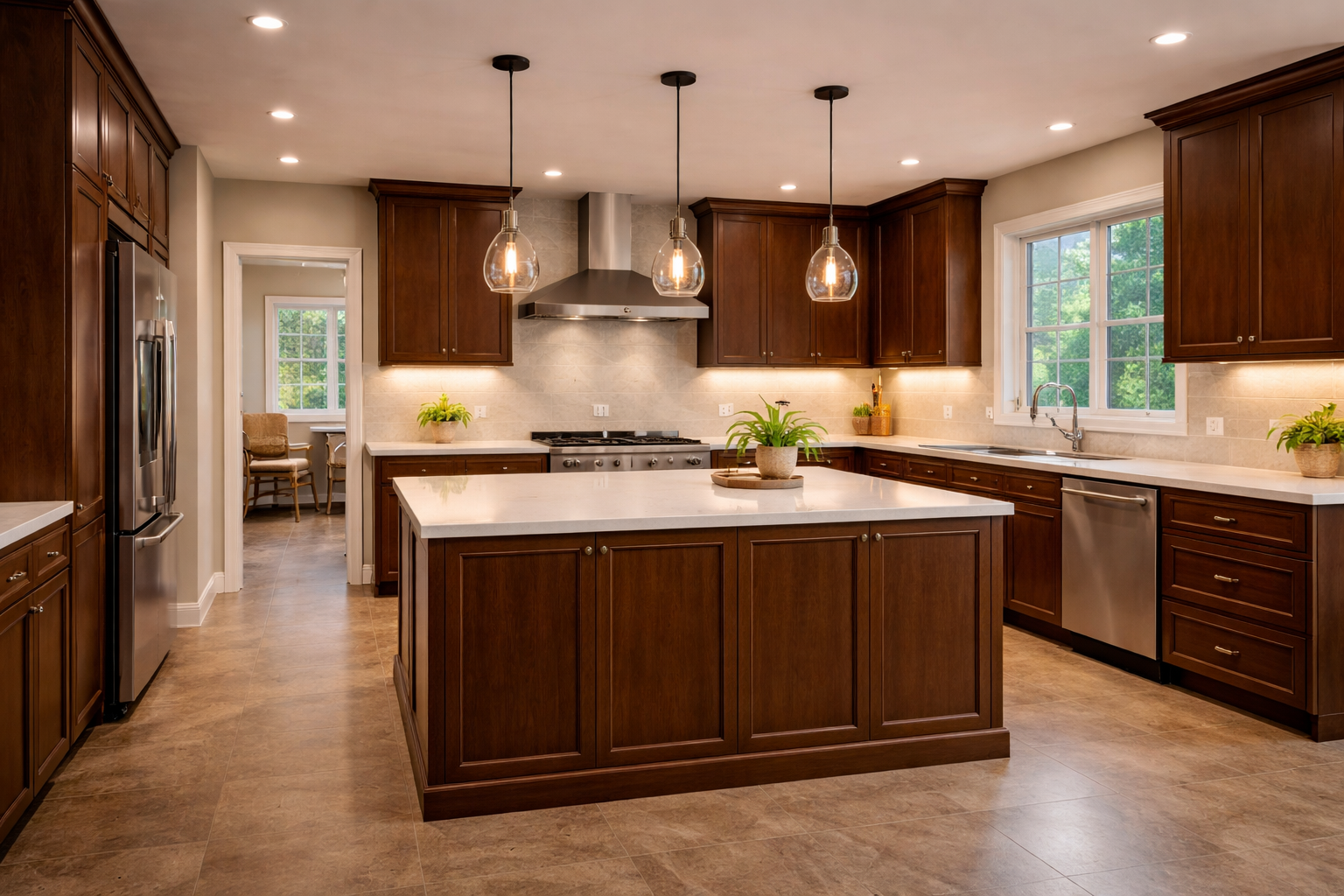 Kitchen lighting layout with recessed lights, pendants, and task lighting