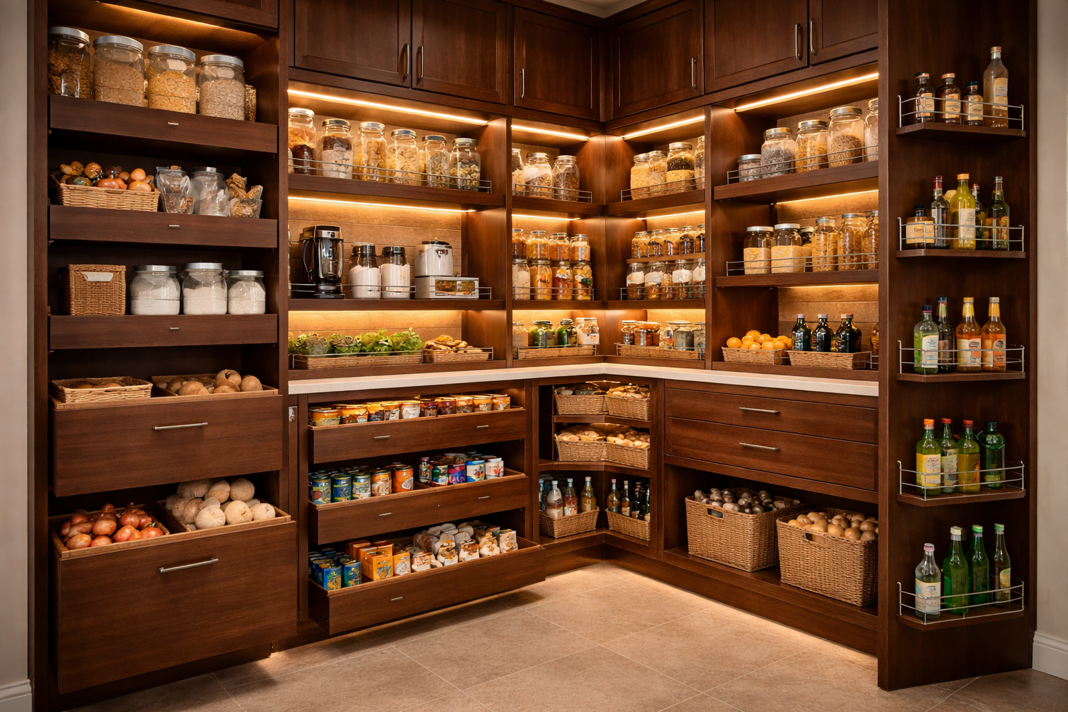 Kitchen pantry storage with tall cabinets, pull-out shelves, and organized food storage